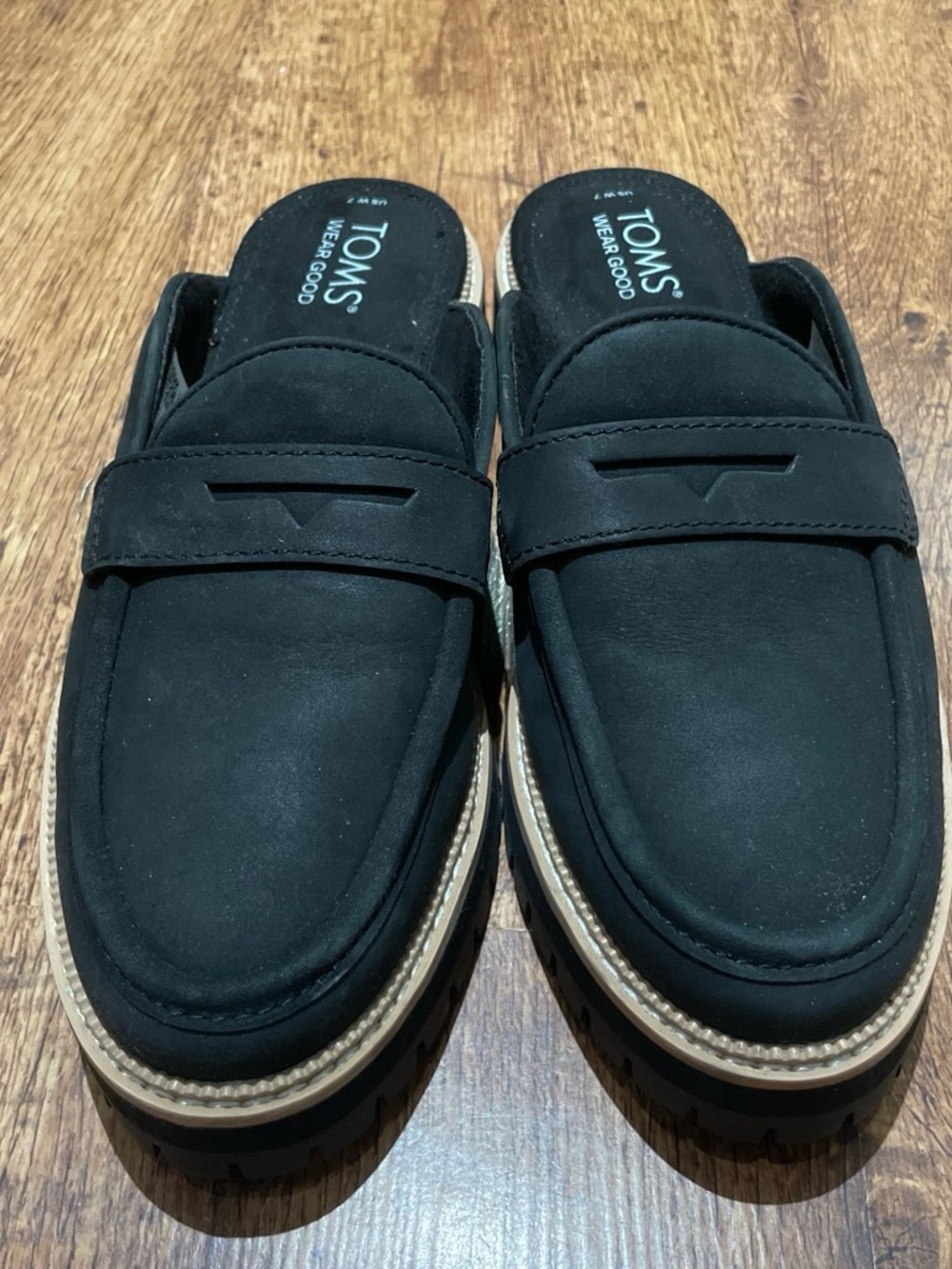 TOMS Black Slip-On Loafer Mules with Tan Trim
